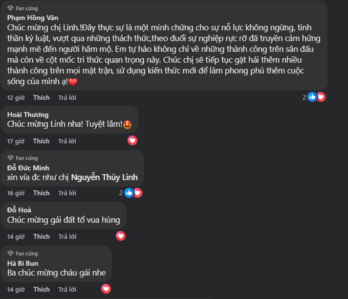 Bình luận tích cực dành cho Nguyễn Thùy Linh trên Facebook 'Hoa khôi cầu lông' Nguyễn Thùy Linh trở thành tân Thạc sĩ, nhận mưa lời khen từ NHM